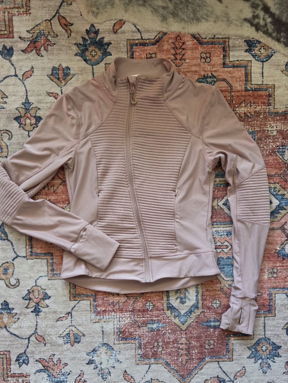 Mondetta Blush Asymmetrical Zip Athletic Jacket Ribbed Panels Fold Over Cuffs